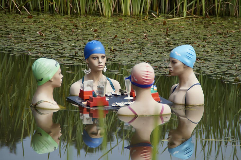 four statue in body of water, Women, Talk, Gambling, Group, Swim
