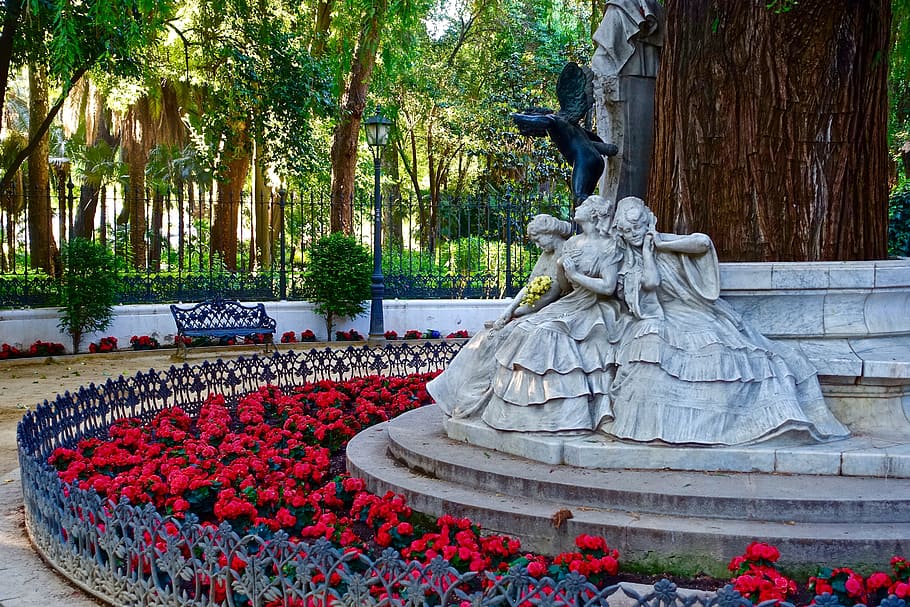 Statues, Flowers, Sculpture, red, decoration, garden, ornament HD wallpaper