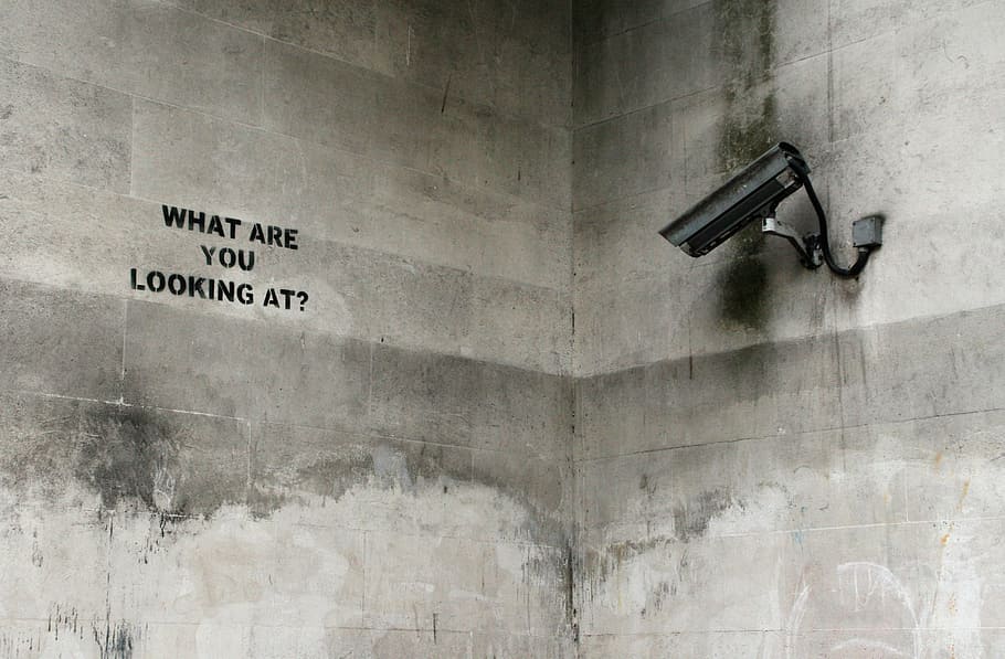 What are you looking at?, black surveillance camera looking at What Are You Looking At? graffiti, HD wallpaper