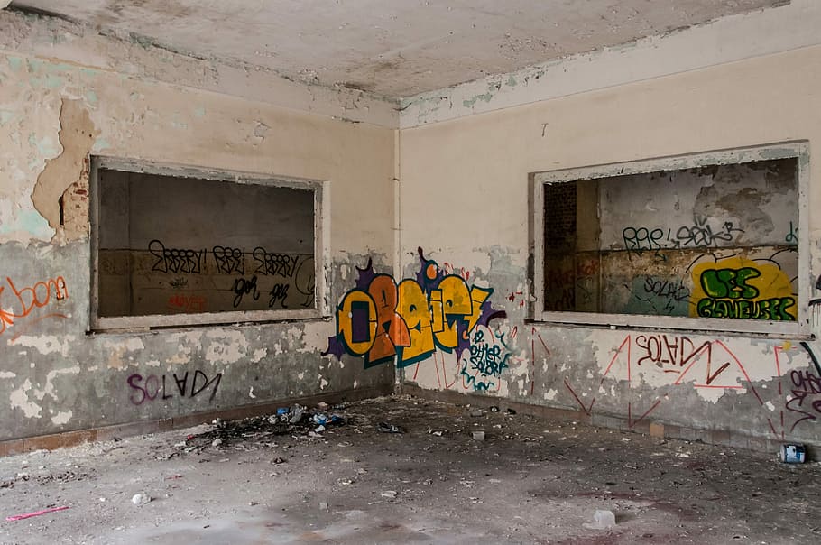 Background, Building, Old, leave, graffiti, expired, window HD wallpaper