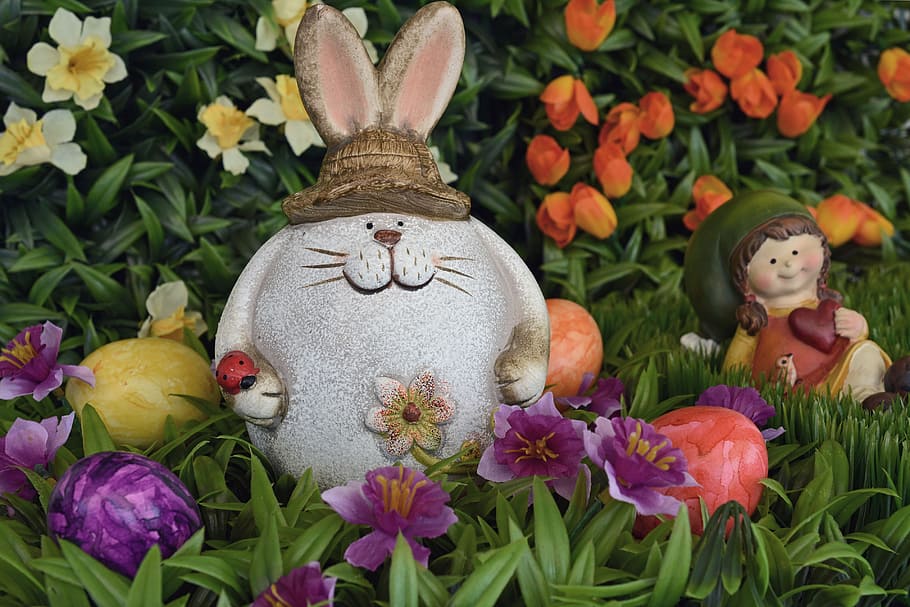 hare, easter bunny, easter eggs, spring, grass, easter decoration HD wallpaper
