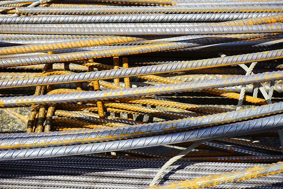 grey metal rod, iron rods, reinforcing bars, steel for construction, HD wallpaper