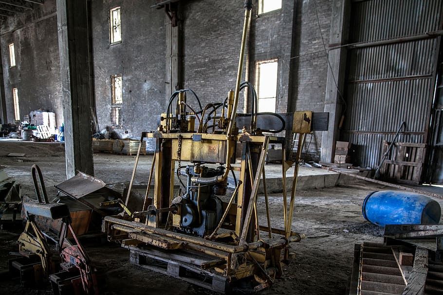 yellow steel machinery on pallet, destruction, abandoned factory, HD wallpaper