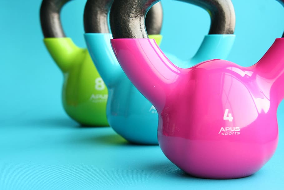 three pink , blue, and green kettle bells, kettlebells, gym HD wallpaper