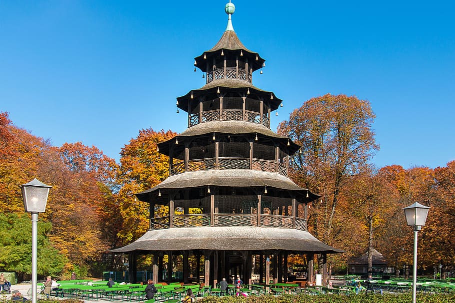 Munich, English Garden, Chinese, Tower, chinese tower, building, HD wallpaper