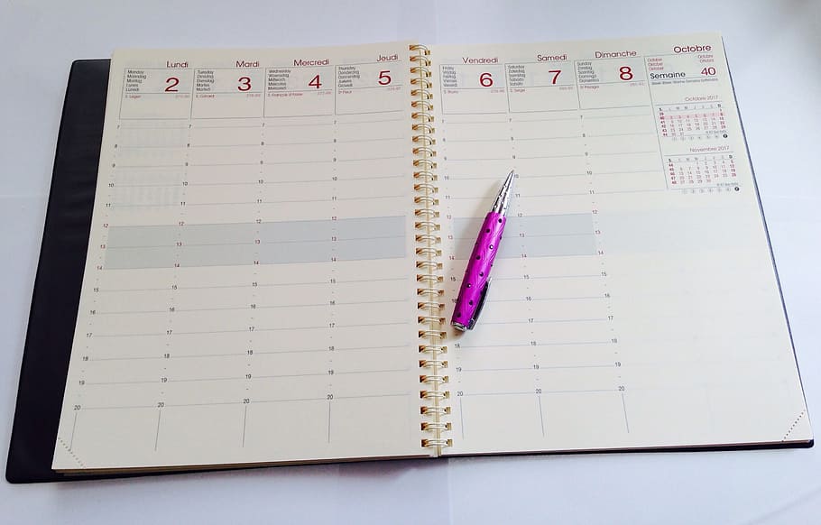pink click pen on white notebook, Diary, Week, Office, School HD wallpaper
