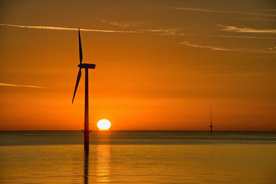 windmill during sunset, sunset, orange, wind turbine, sea, ocean, HD wallpaper
