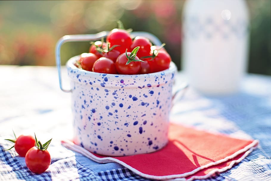 cherry tomatoes on white and blue ceramic container, ripe, red HD wallpaper