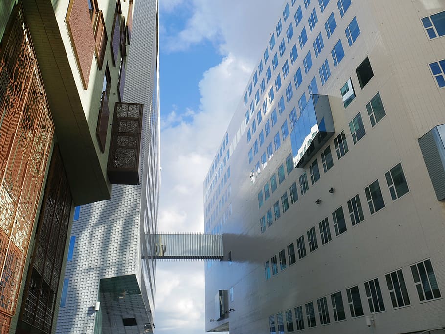 architecture, modern, facade, city, glass, reflection, stained glass window HD wallpaper