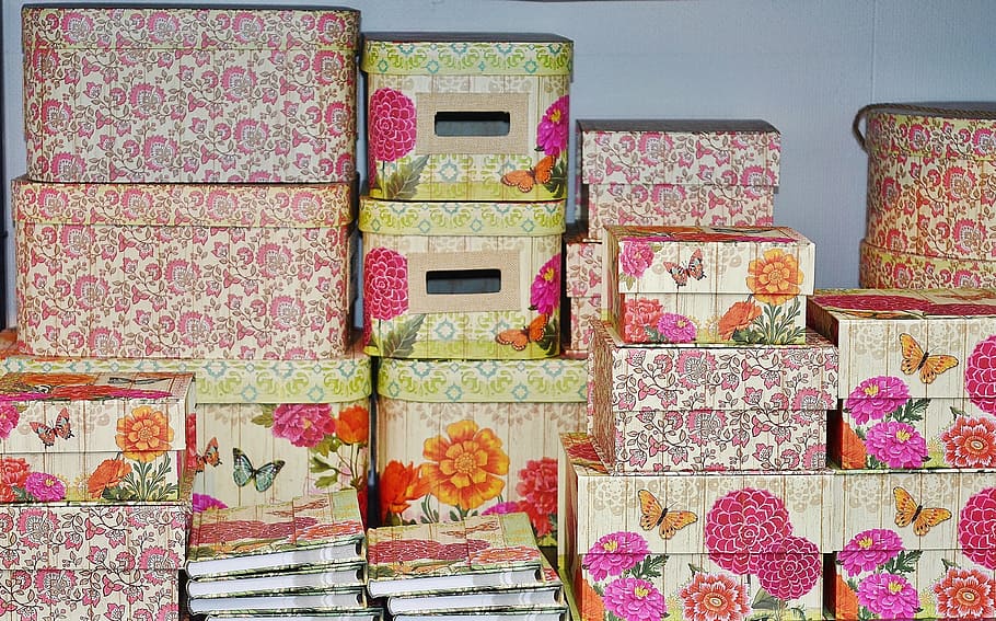 boxes, books, floral pattern, design, no people, variation HD wallpaper