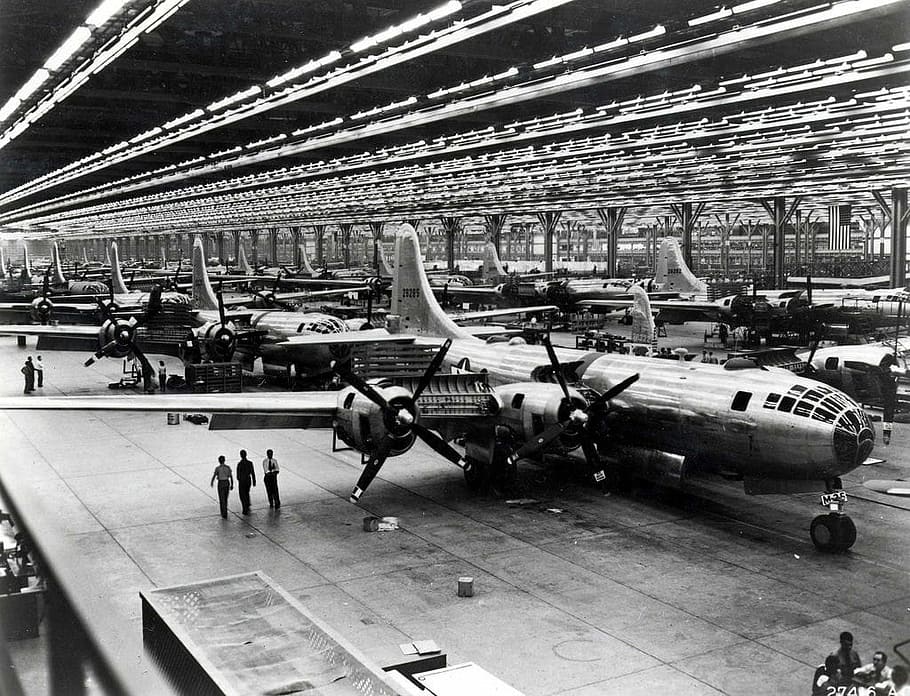 Boeing B-29 assembly line during 1944 in Wichita, Kansas, factory