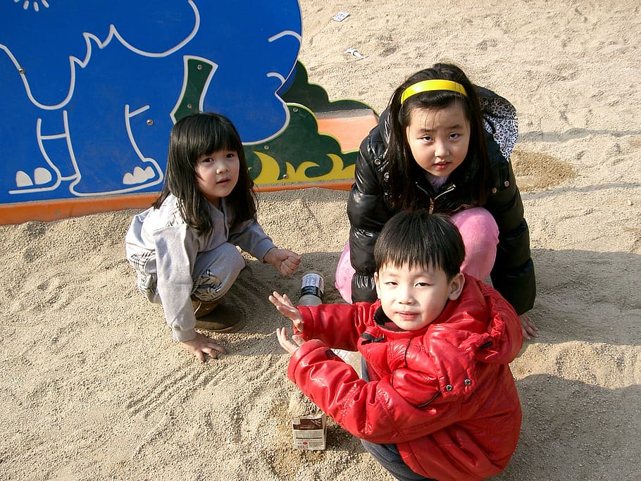 children, oriental, playground, females, looking at camera HD wallpaper