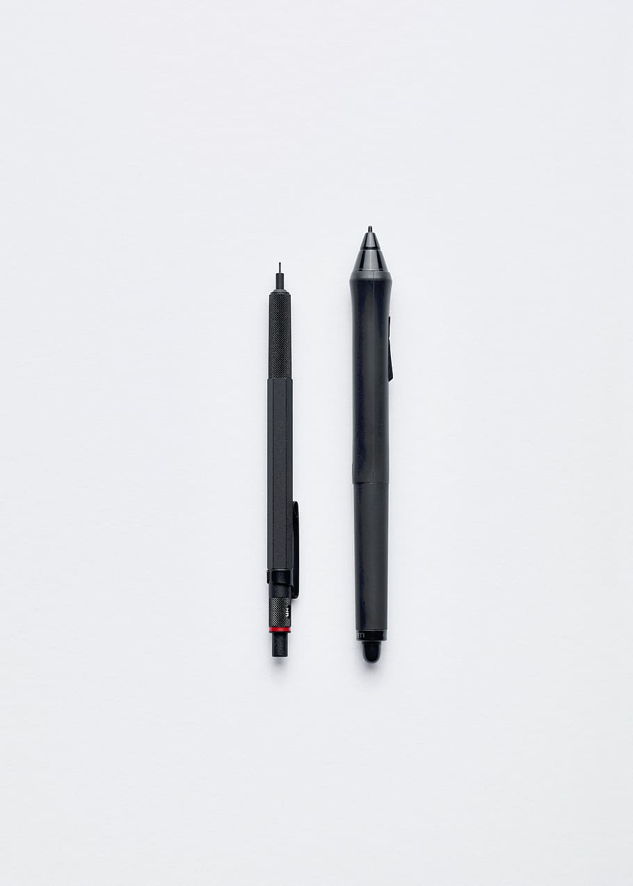two black retractable pens on white surface, objects, office HD wallpaper