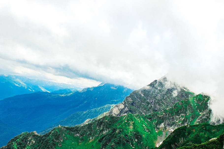 nature, mountains, summit, peaks, fog, clouds, sky, gradient HD wallpaper
