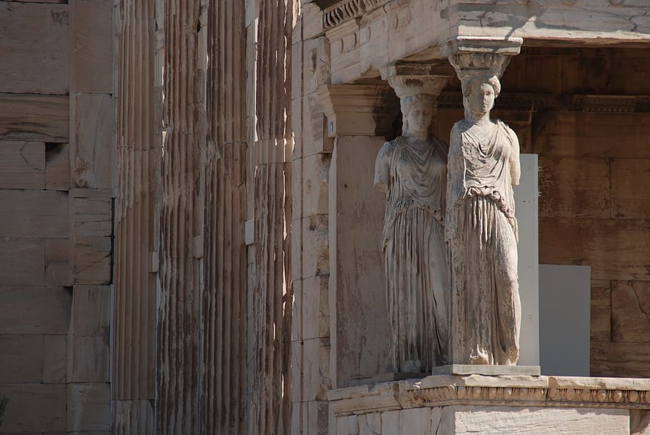 two women columns, greece, athens, sculpture, parthenon, monuments, HD wallpaper