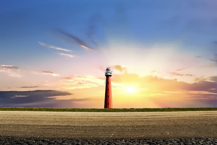 red lighthouse, sun, netherlands, setting sun, sky, clouds HD wallpaper