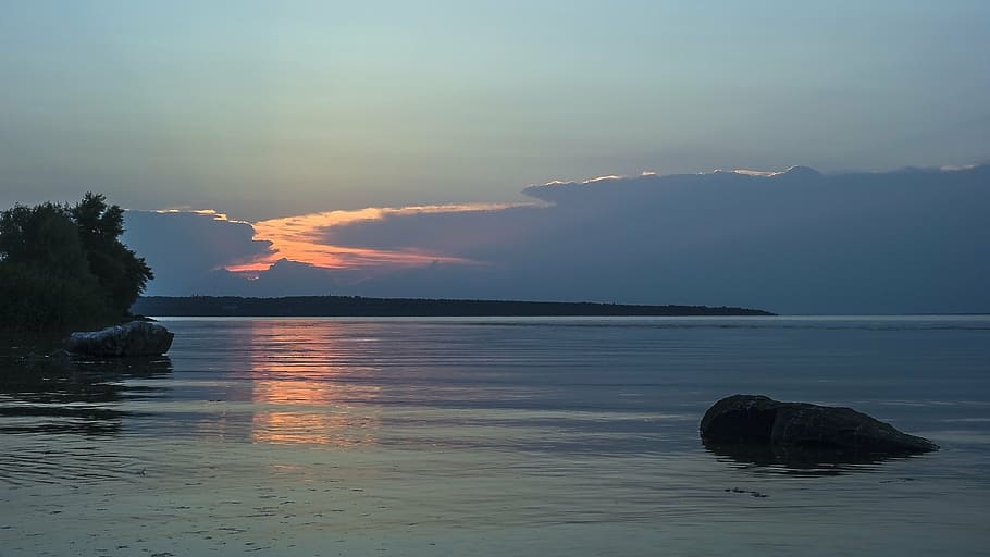 sunset, stone, evening, river, silence, nature, sea, landscape HD wallpaper