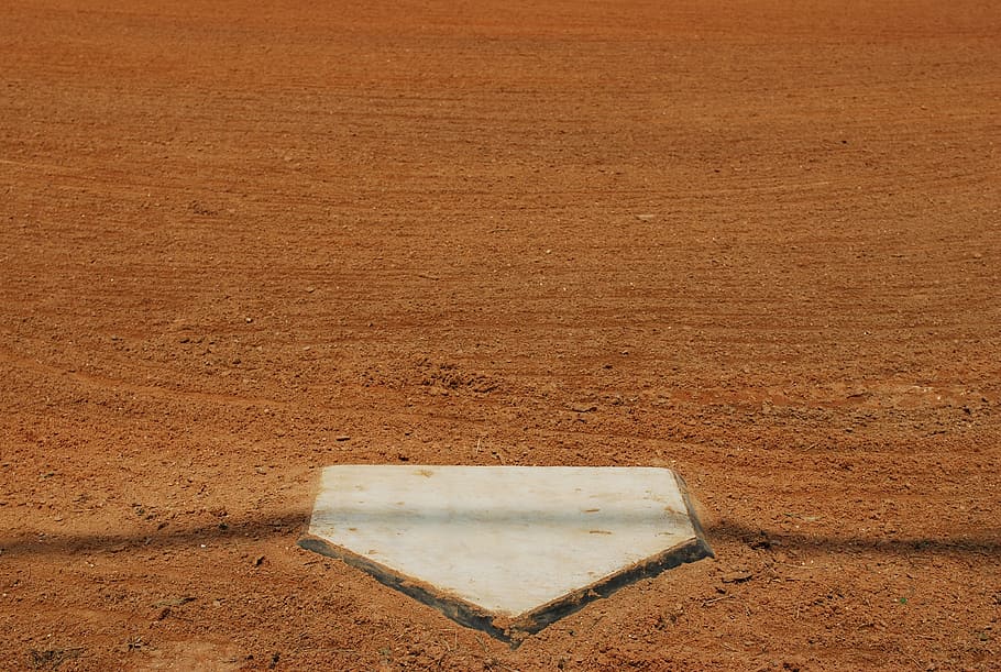 baseball base on brown soil, home, plate, field, sport, game