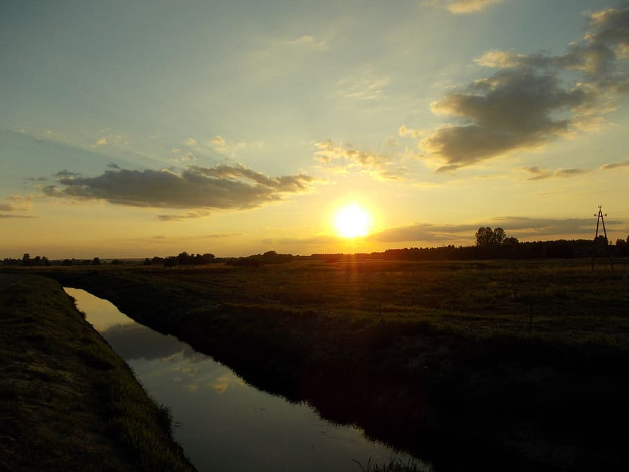 sunset, river, twilight, water, nature, brook, the beauty of nature HD wallpaper