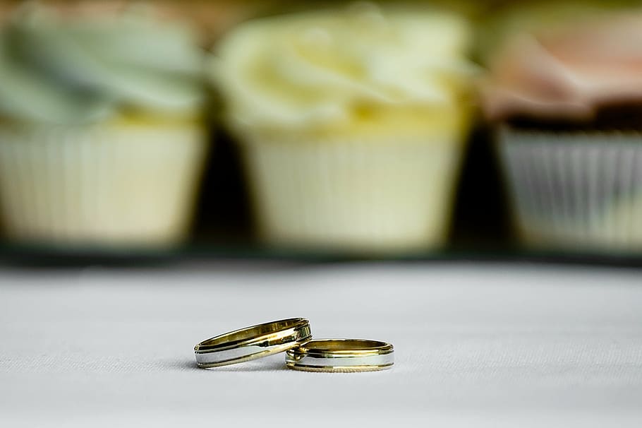 two gold-colored rings, cake, cupcake, party, wedding cake HD wallpaper