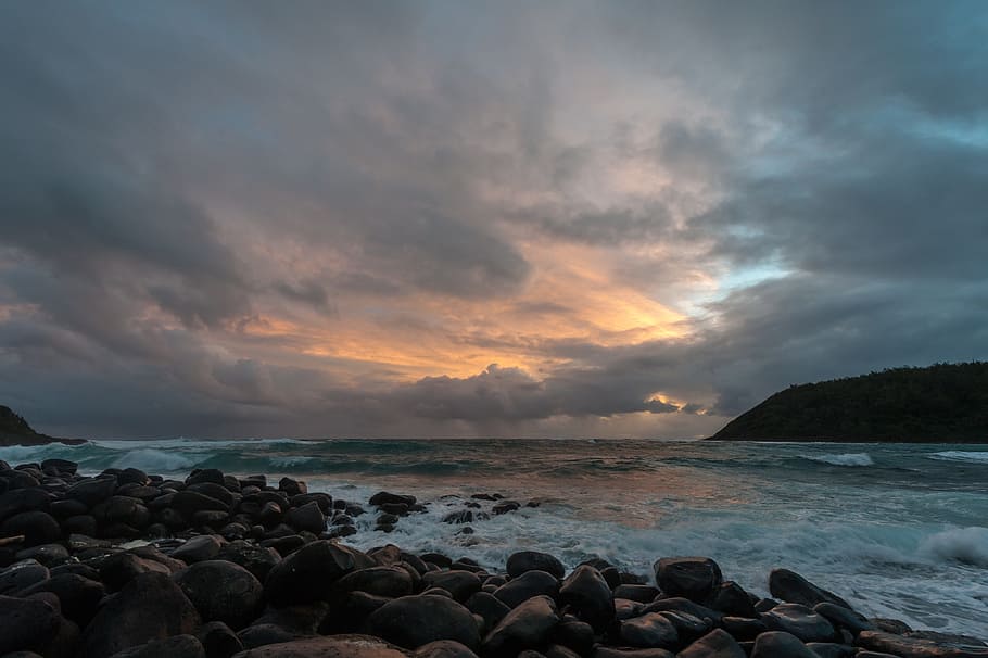 clouds, sky, ocean, sea, water, nature, waves, coast, rocks HD wallpaper