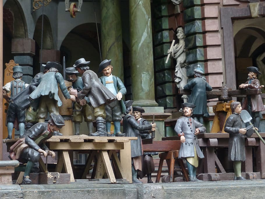 mechanical theater, schloss hellbrunn, figures, wooden figures, HD wallpaper