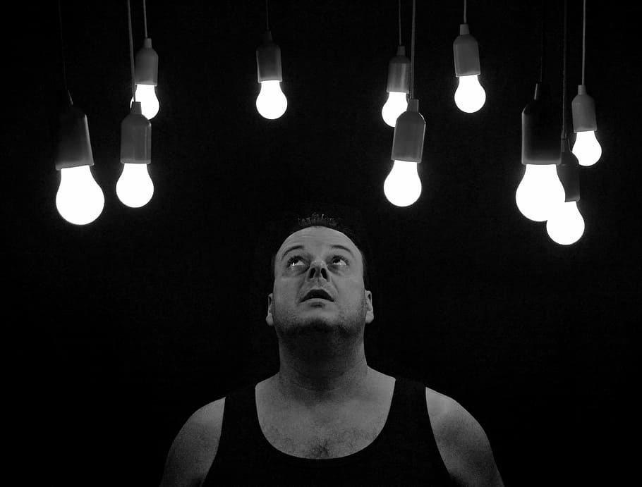 grayscale photo of man looking above, light bulbs, pears, awakening HD wallpaper