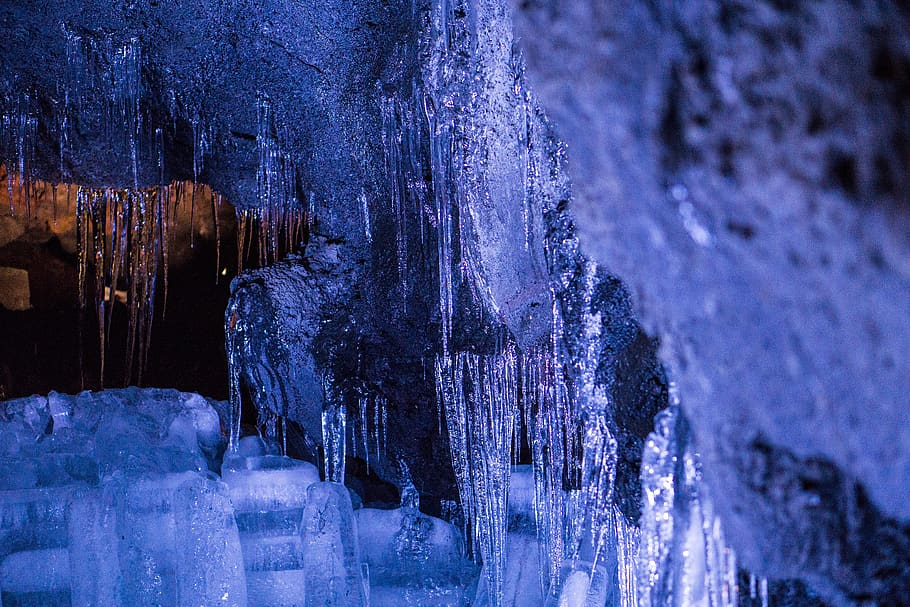ice, icicles, cave, blue, cold temperature, snow, winter, rock HD wallpaper