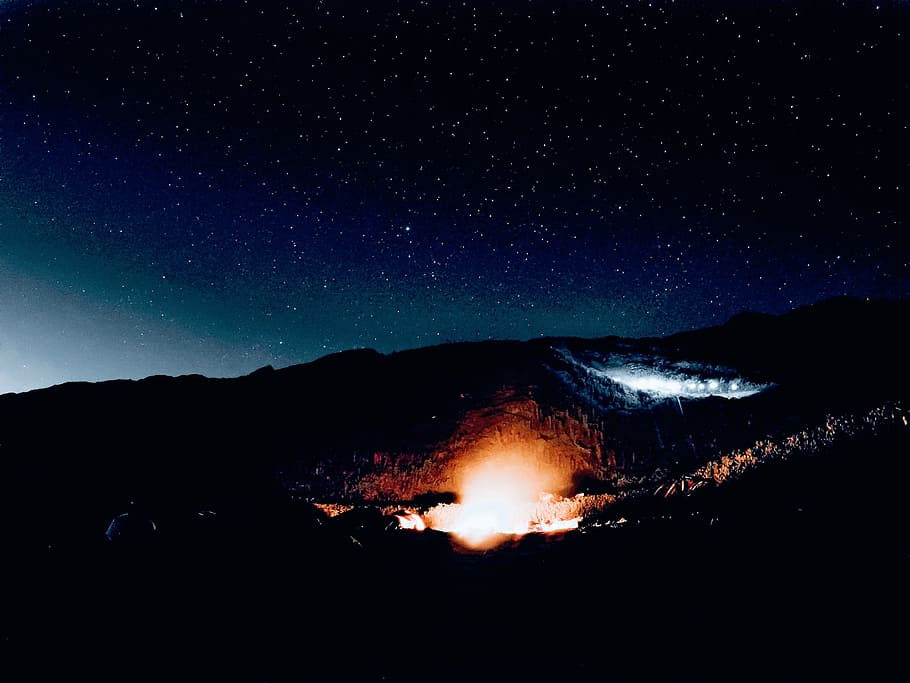 landscape, fire, night, stars, mountains, burning, star - space HD wallpaper