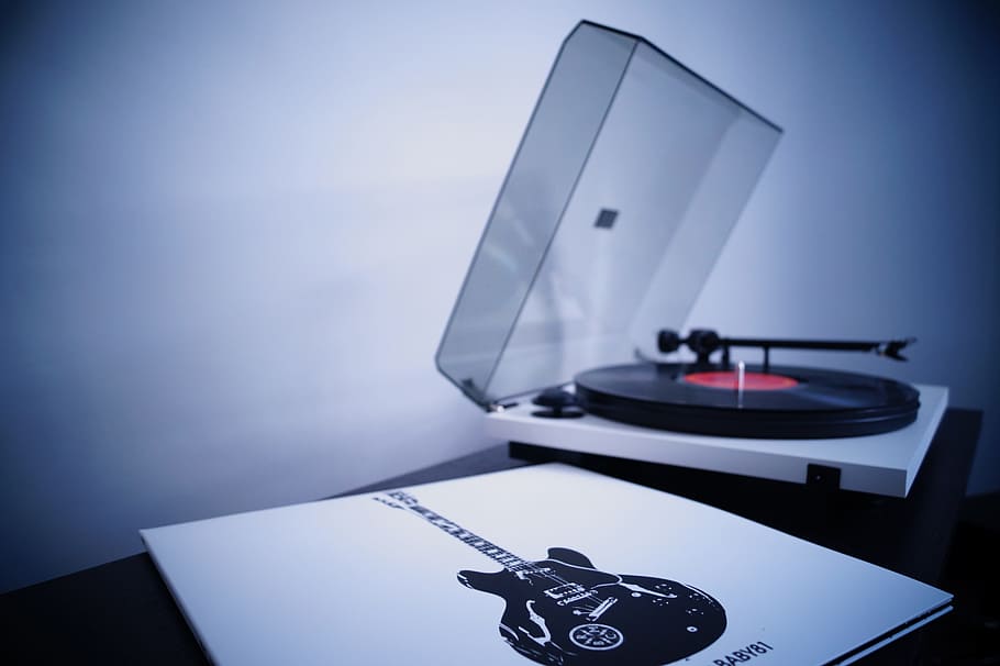 white and black vinyl player, record, rock, music, guitar, cover, HD wallpaper