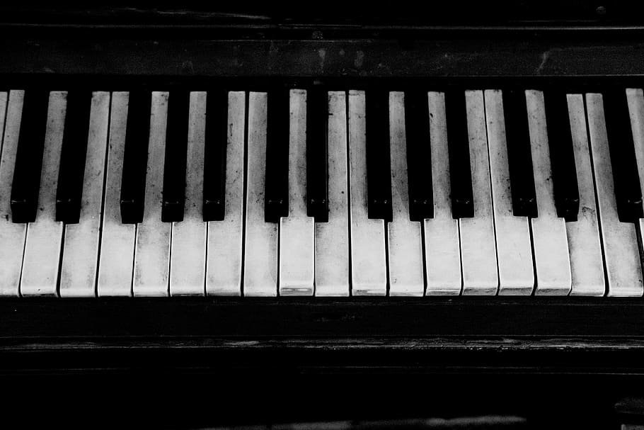 closeup photo of piano keys, old, grand piano, keyboard, instrument