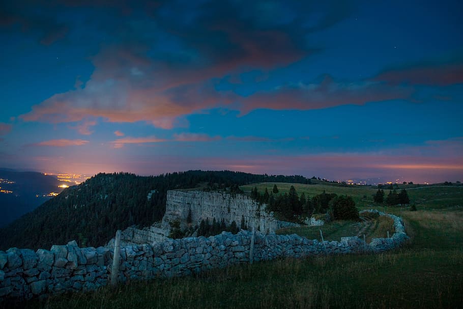 photo of grassfield, night, creux du van, long exposure, light pollution, HD wallpaper