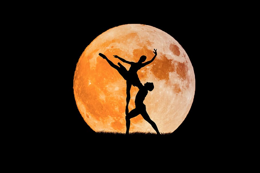 silhouette ballerina in moon, dancing couple, full moon, boy