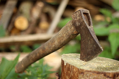 selective photo of brown axe on log, old, lumberjack, blade HD wallpaper