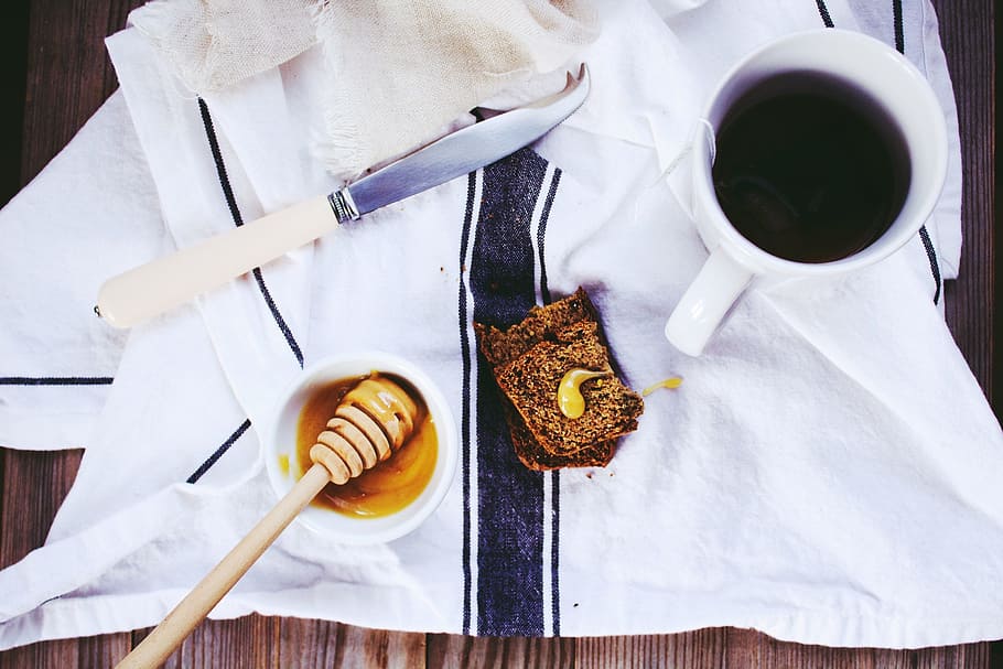 loaf, bread, knife, tea, cup, table, napkin, cloth, syrup, butter HD wallpaper