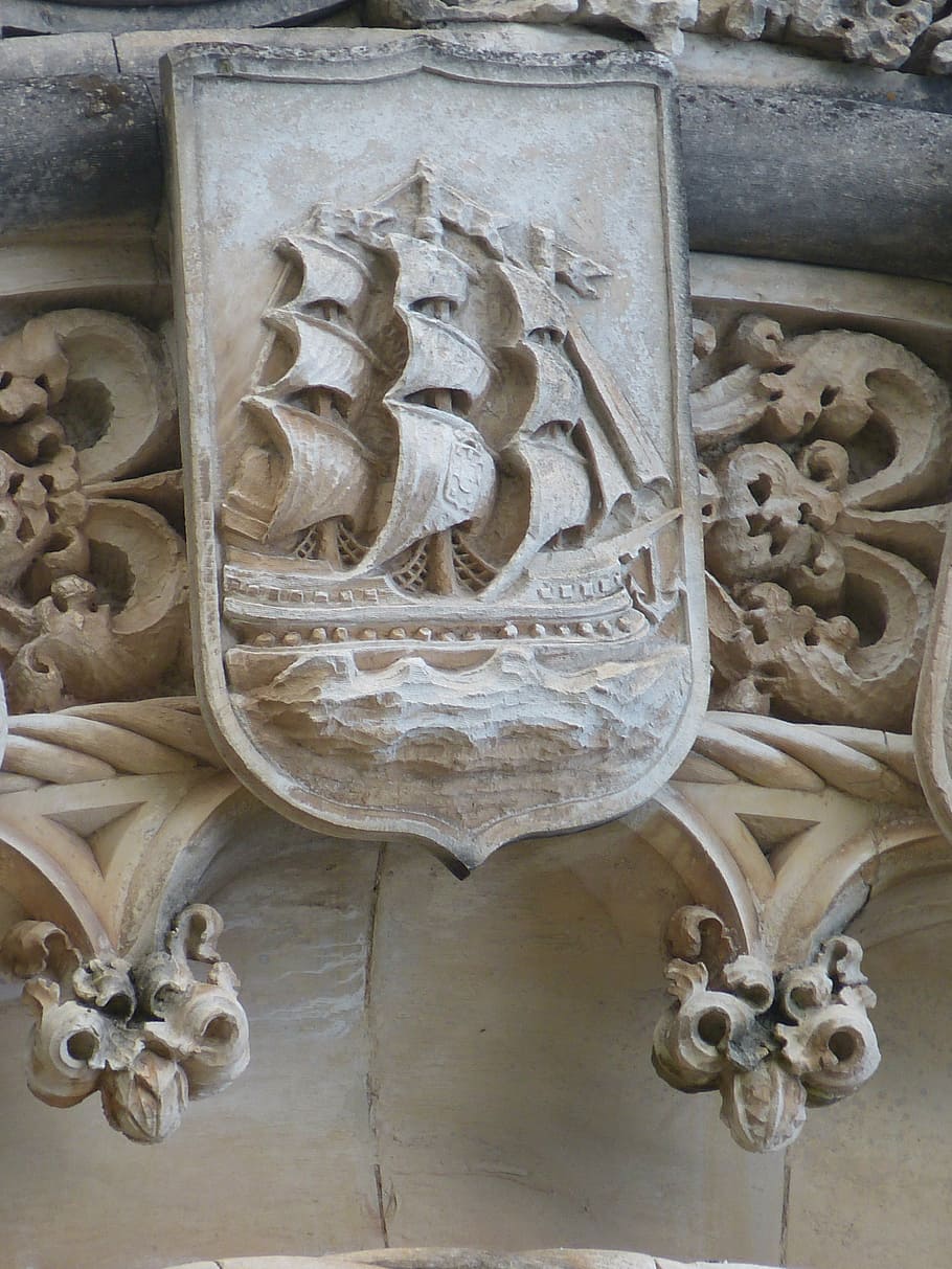 ship, sailing vessel, coat of arms, caravel, cog ship, decor, HD wallpaper