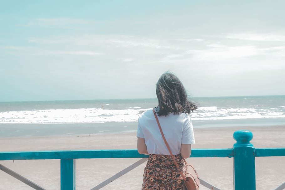Woman Standing Near Seashore, bag, beach, clouds, daylight, female HD wallpaper