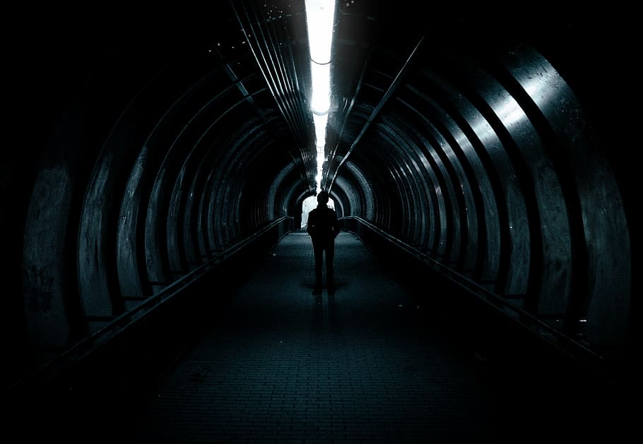 silhouette of person standing inside tunnel, impala, computer