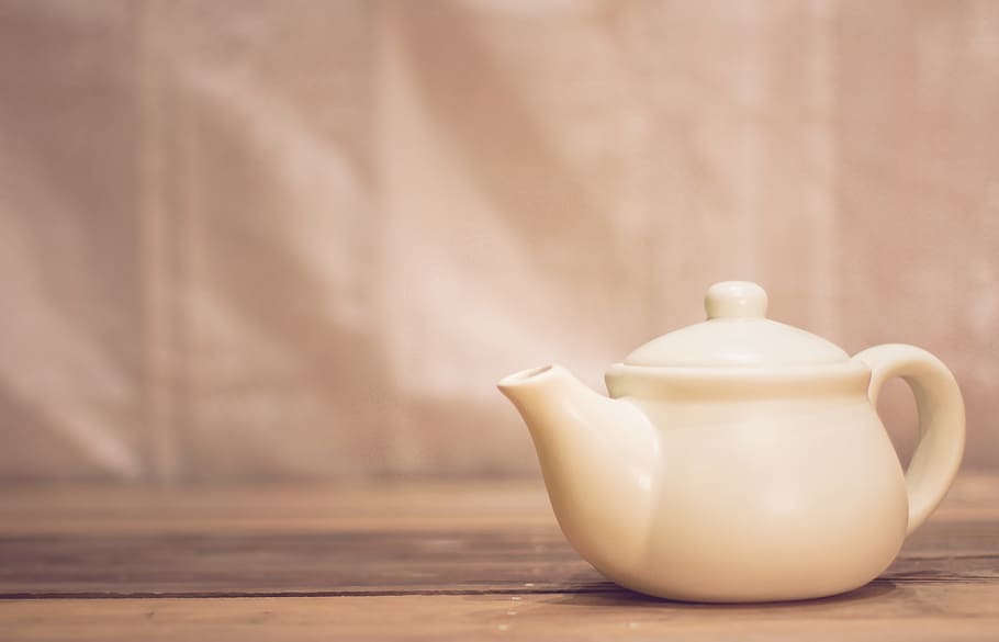 white ceramic teapot on brown surface, tea pot, table, food and drink HD wallpaper