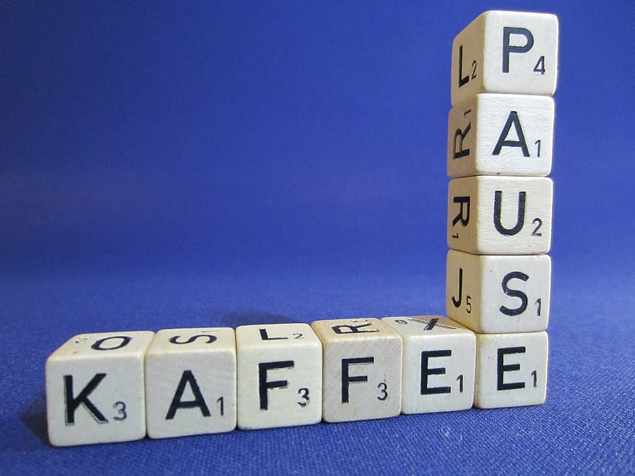 brown scrabble cubes, coffee break, letters, font, bakery, text HD wallpaper