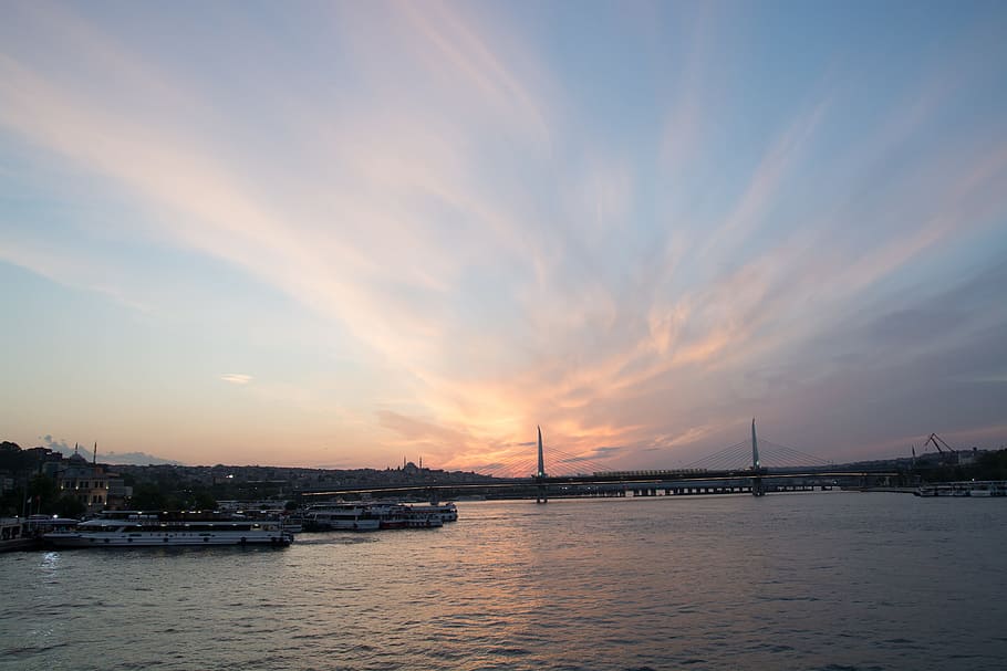 Sunset, Sirkeci, Eminönü, Marine, see, cloud, sky, turkey, HD wallpaper