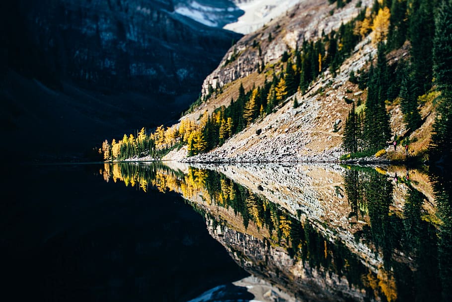 body of water beside mountain, mirror photography of mountain near body of water HD wallpaper