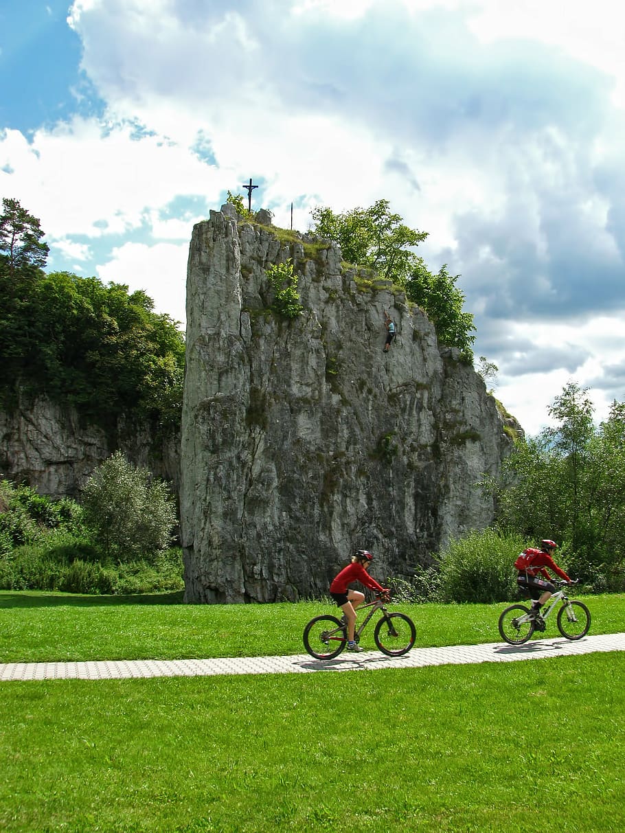 landscape, summer, rock, christian cross, biking, climbing HD wallpaper