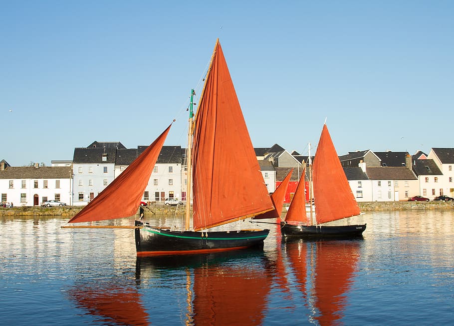 galway hookers, traditional sailing boats, ireland, water, architecture