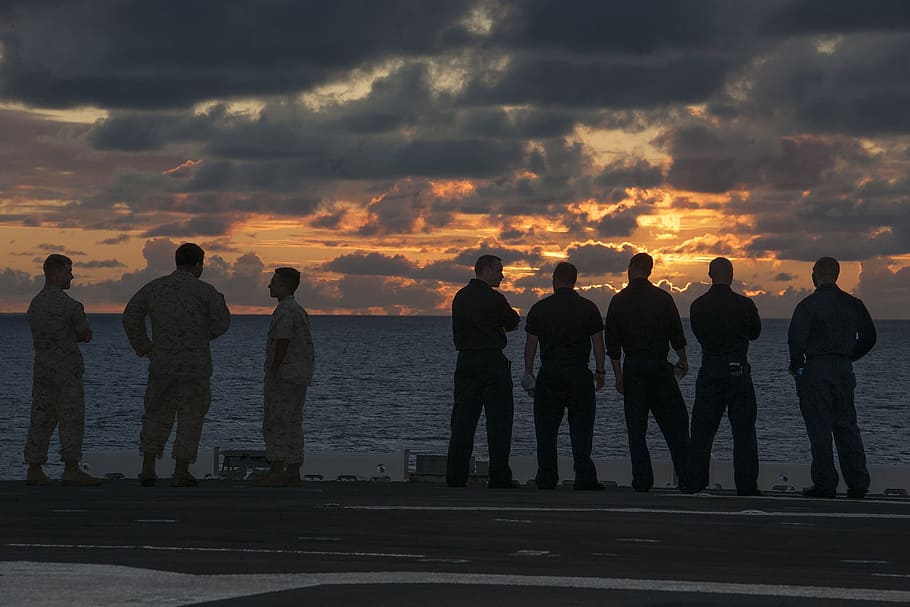 Sailors, Aircraft Carrier, Navy, military, ship, sunset, sundown, HD wallpaper