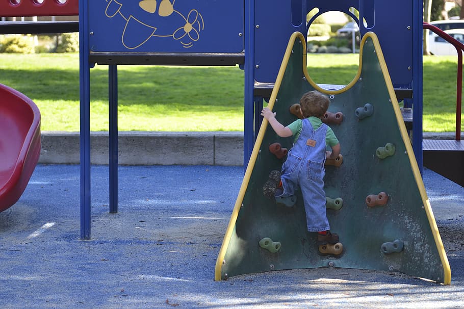 child climbing on green slide, Playground, Boy, Fun, kid, park