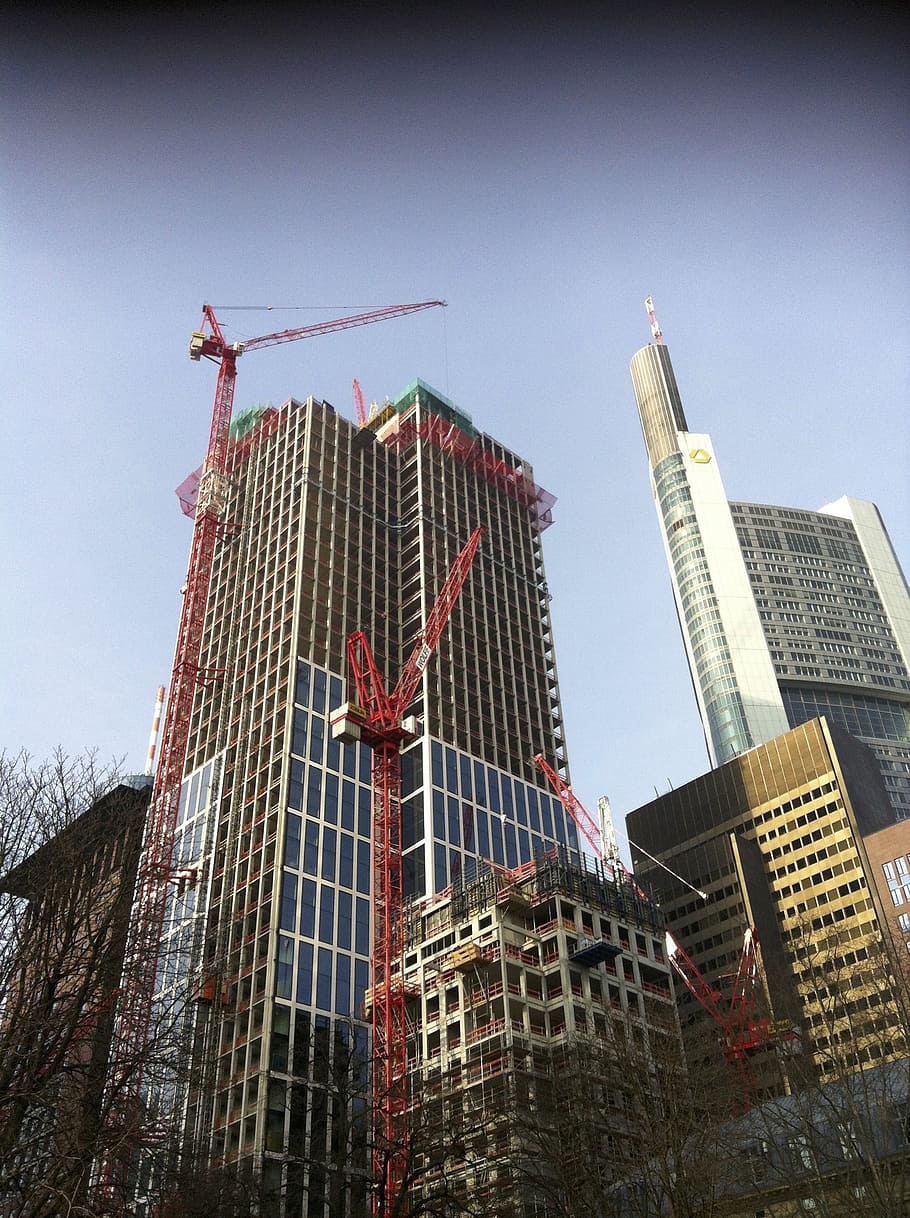 frankfurt, skyscrapers, build, crane, scaffold, baukran, site, HD wallpaper