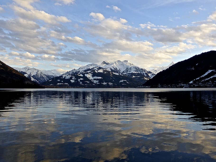 grey calm body of water and snow covered mountains, lake, reflection HD wallpaper