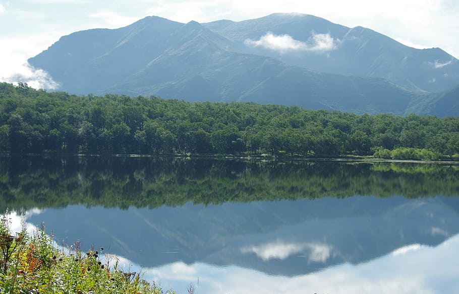 mountains, lake, forest, reflection, clouds, sky, beach, nature HD wallpaper