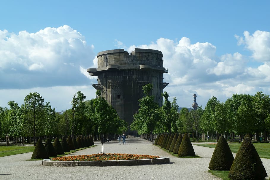 flakturm, augarten, vienna, tree, plant, sky, cloud - sky, architecture HD wallpaper